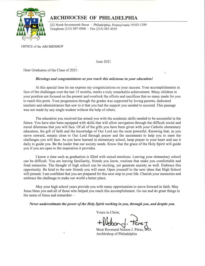 Archbishop Perez Eighth Grade Graduation Letter