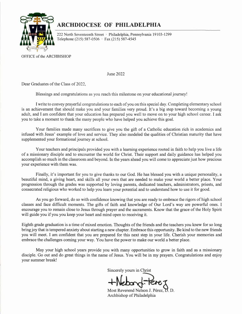 Archbishop Perez Graduation Letter